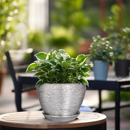 Ceramicfor Ceramic Planter - 6 Inch Plant Pot Indoor with Drainage Hole and Saucer Outdoor Pot for Plants Round Decorative Planter Modern Mid-Century Flower Pot for Office Decor Silver - color: Silver, size: 6 Inch