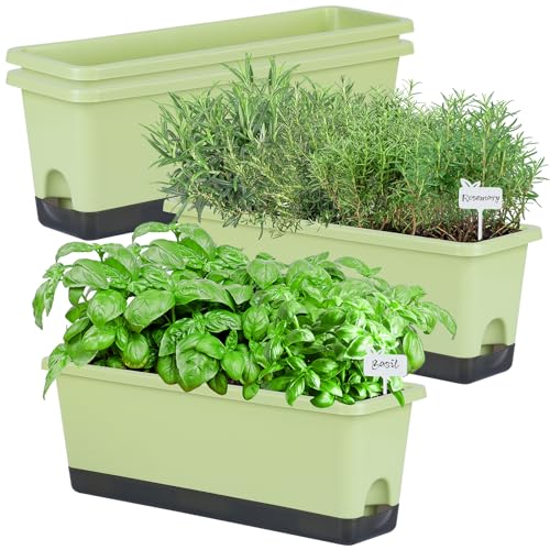 Window Box Planter 4 Packs, 17 Inches Rectangle Flower Pots with Drainage Holes & Trays, Pots for Vegetables, Herbs, Flowers, Garden Windowsill Balcony (Light Green, 17 * 5.1 * 6 inch) - color: Light Green
