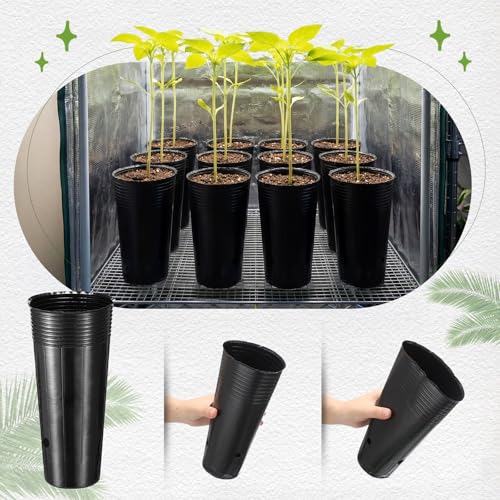 100 Pack Tall Tree Pot 9.8'' x 4.7'', Black Plastic Deep Nursery Pots, Soft Deep Seedling Pots for Seed Starting, Plant Starter Cups with Drainage Holes for Flowers, Cuttings Transplanting - size: 9.8'' X 4.7''