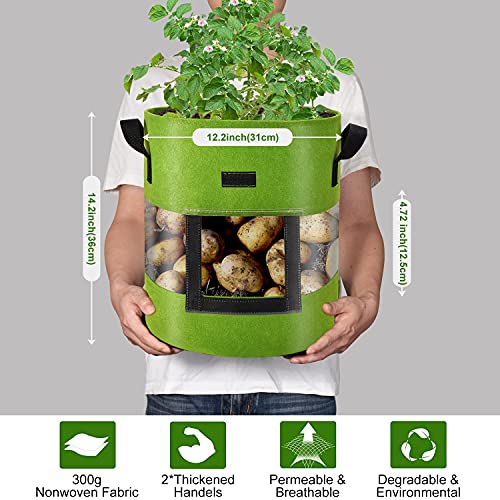 Visible Tomato/Strawberry/Sweet Potato/Carrot/Potato Grow Bags 7 Gallon 3-Pack, Heavy Duty Thickened Aeration Nonwoven Fabric Pots with Handles, Come with 3-Pcs Plant Labels&Lens Hoods - color: Green, size: 7 gallon