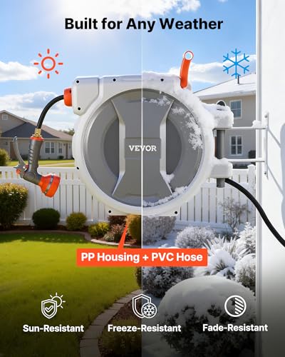VEVOR Retractable Garden Hose Reel, 1/2 in x 100 ft, Wall Mounted Hose Reel with 9-Function Sprayer Nozzle and 180° Swivel Bracket, Any Length Lock, Automatic Slow Rewind System, for Garden Watering - size: 1/2 in x 100 ft