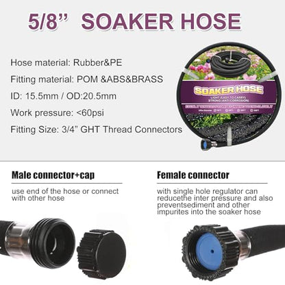 Soaker Hose 75ft - 5/8 Round Rubber Garden Soaker Hoses, Heavy Duty Irrigation Drip Hose, Water Seeper Soaking Hose for Gardens, Flower Beds And Lawn Yard - size: 75FT by 5/8"