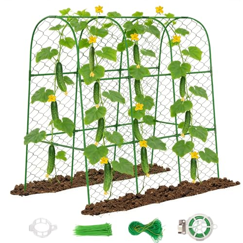 Amoskey Cucumber Trellis for Raised Beds, Cucumber Trellis for Climbing Plants Outdoor, with Garden Netting and Plant Clip, Metal Arch Garden Trellis Ideal for Cucumbers, Tomatoes, and Flowers