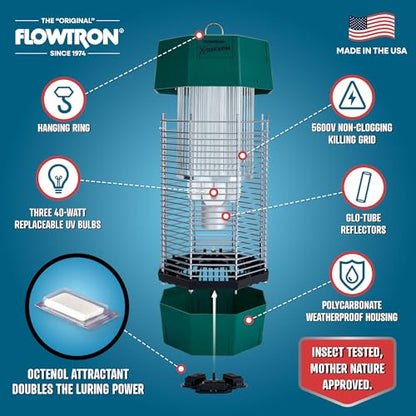 Flowtron Bug Zapper, 2 Acres Outdoor, 120W UV, 5600V, Octenol, Made in USA