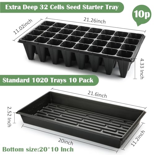 RooTrimmer 10 Pack 1020 Trays No Holes and 10 Pack 4.3" Deep 32 Cell Seed Starter Trays, 20" x 10" - Heavy Duty Plastic Nursery Flats for Seed Germination & Plant Propagation (10 Sets) - size: 32 Cells