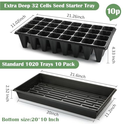 RooTrimmer 10 Pack 1020 Trays No Holes and 10 Pack 4.3" Deep 32 Cell Seed Starter Trays, 20" x 10" - Heavy Duty Plastic Nursery Flats for Seed Germination & Plant Propagation (10 Sets) - size: 32 Cells