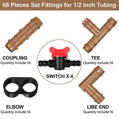 Outus 68 Pcs 1/2 Inch Drip Irrigation Fittings Drip Irrigation Fitting Kit Switch Tee Coupling Elbow and End Cap Plastic Plug Drip Irrigation Connector for Compatible Drip or Sprinkler System