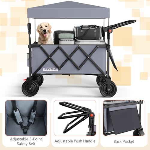 3 in 1 Collapsible Wagon with 300lbs Weight Capacity,150L Heavy Duty Utility Cart with Removable Canopy,with Big All-Terrain Beach Wheels & Drink Holders,Gray - color: Gray