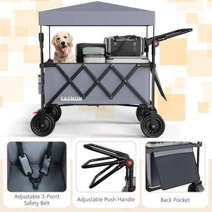 3 in 1 Collapsible Wagon with 300lbs Weight Capacity,150L Heavy Duty Utility Cart with Removable Canopy,with Big All-Terrain Beach Wheels & Drink Holders,Gray - color: Gray