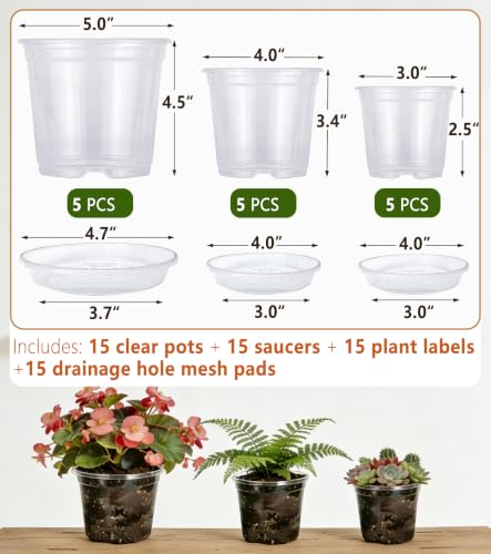 15-Pack Clear Nursery Pots with Saucers (3/4/5 Inch) - color: Pots+ Saucers, size: 3/4/5"-15 sets