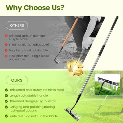 Iron Weeding Rake with Long Handle, Manual Weeder Tool for Garden