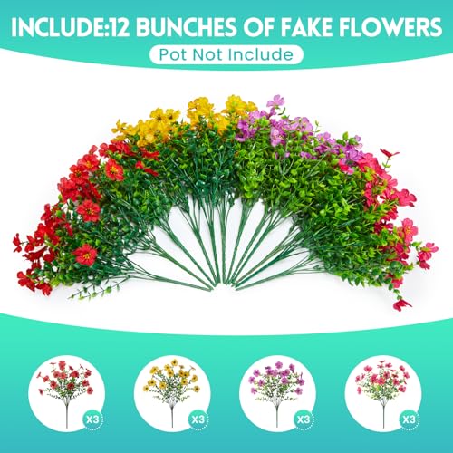 Hrobek Fake Flowers for Outdoors Faux Plants Outside Indoor,UV Resistant Realistic Silk Artificial Daisy for Home Patio Garden Back Yard Front Porch Decor Spring Summer(12 Bunches,4 Multi Colors) - color: 4 Color Mixed (3 Purple,3 Red,3 Hot Pink,3 Yellow)