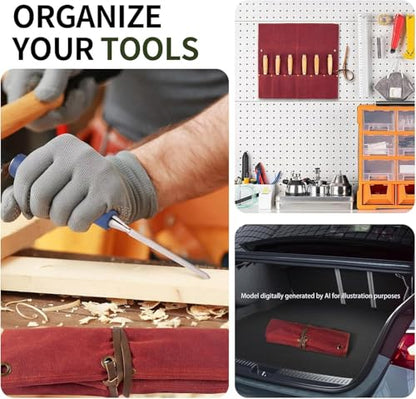 Chisel Roll, 6 Pockets Roll Up Tool Pouch, Waxed Canvas Small Tool Roll - color: Red