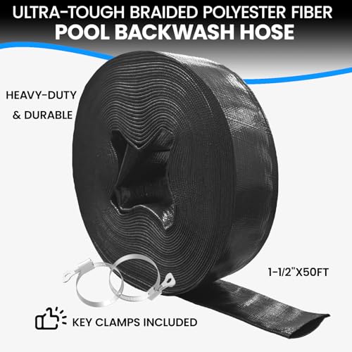 Poolvio Backwash Hose 1-1/2" x 50 ft, Heavy-Duty Lay-Flat Reinforced PVC Discharge Hose with 2 Stainless Steel Thumb Screw Clamps, Leak-Resistant for Inground & Above-Ground Pool Filters - size: 1-1/2" x 50 ft