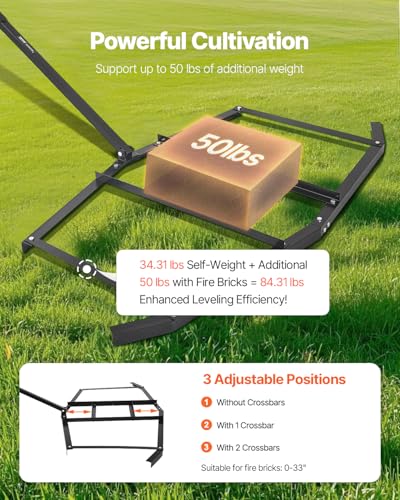 VEVOR Drag Harrow, 74" Width Tow Behind Drag Harrow, Q235 Steel Driveway Grader with Adjustable Bars & Pin Hitch, Support up to 50 lbs, Tractor Driveway Harrow for ATVs, UTVs, Garden Lawn Tractors - size: 74 in