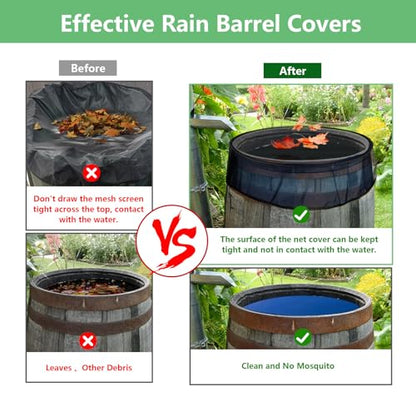 Tryly 2Pcs Mesh Cover for Rain Barrels, Pop Up Rain Barrel Net Cover with Drawstring, Water Collection Buckets Cover, Rain Barrel Netting Screen to Block Leaves and Debris Falling in (29.5inch) - size: 29.5inch
