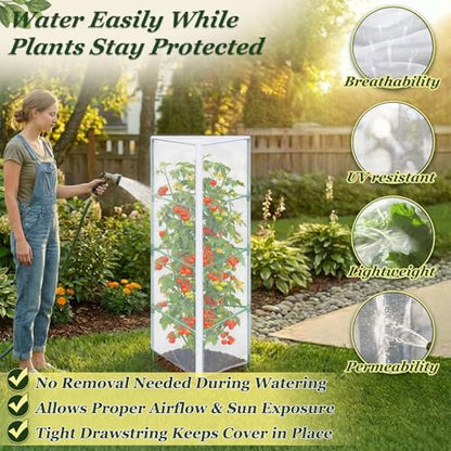 3PCS Garden Bird Netting for Triangle Tomato Cage with Zipper & Drawstring - size: 17.7x17.7x55in
