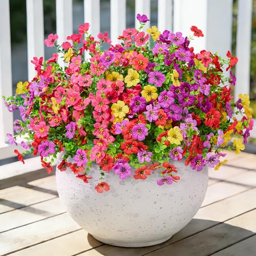 Hrobek Fake Flowers for Outdoors Faux Plants Outside Indoor,UV Resistant Realistic Silk Artificial Daisy for Home Patio Garden Back Yard Front Porch Decor Spring Summer(12 Bunches,4 Multi Colors) - color: 4 Color Mixed (3 Purple,3 Red,3 Hot Pink,3 Yellow)