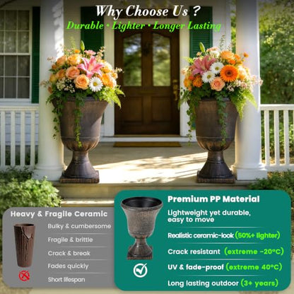 22" Tall Urn Planters Set of 2 Large Flower Pots, Antique Bronze - color: 22"-antique Bronze