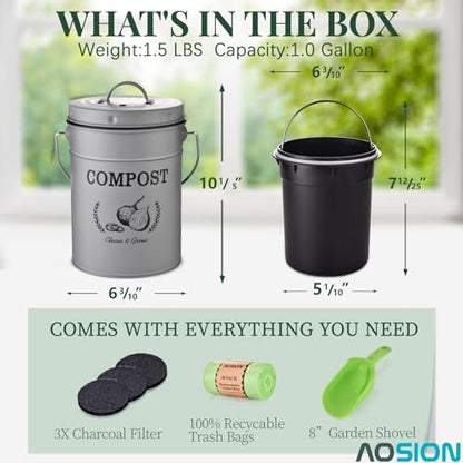 AOSION 1 Gallon Countertop Compost Bin for Kitchen with Lid,Odor Resistant - color: Grey(50 Pack Trash Bags & Garden Shovel)