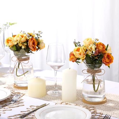 FoldTier 4 Sets Hyacinth Glass Vase with Bamboo Coaster Rope Hyacinth Avocado Growing Bud Vase Decorative Glass Flower Vases for Centerpieces Bulb Forcing Plant Containers Home Office Table Decoration
