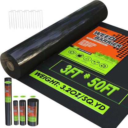 3x50FT Weed Barrier Landscape Fabric Heavy Duty, 3.2oz Durable Geotextile Fabric, Block Gardening Ground Cover Weed Mat, Weed Control Garden Cloth for Landscaping, French Drains, Yard Driveway - size: 3*50