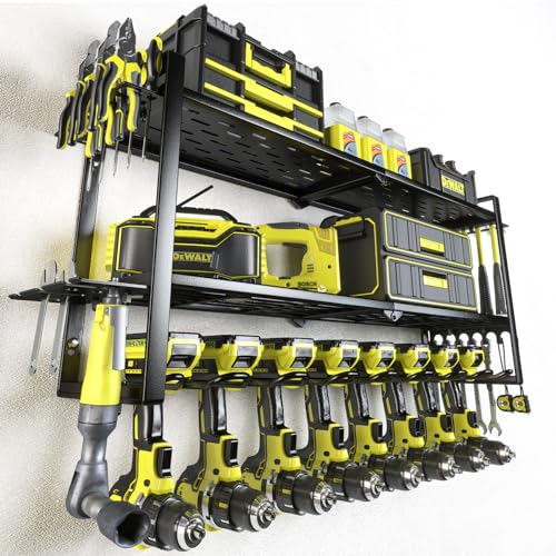 KAFAHOM Power Tool Organizer for Tool Storage, 8 Drill Holder Wall Mount, Tool Holder and Storage Rack for Garage Organization, Heavy Duty Metal Tool Shelf with Air tool/Screwdriver/Hammer Holder - color: 32inches Black, size: 4-Layer 8-Drill