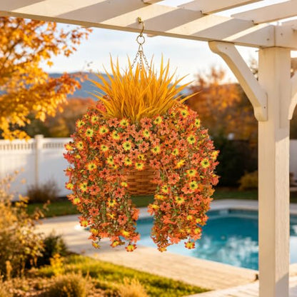 7PCS Artificial Fall Hanging Flowers for Outdoor, Six-Petaled Faux Mums - color: Orange Yellow