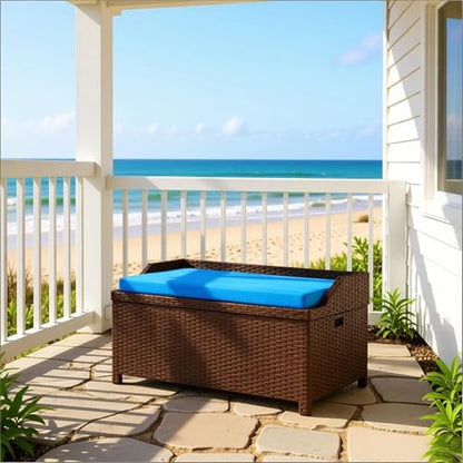 34 Gallon Outdoor Storage Bench, Rattan Wicker Deck Box with Blue Cushion - color: Blue,Coffee