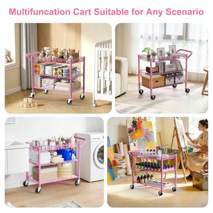 WDT Pink Rolling Utility Cart with Wheels, 990Lbs Heavy Duty Metal Cart with Handle & Shelf Liners, NSF Certified 3-Tier Storage Trolley for Esthetician, Kitchen, Salon & Craft Room, Pink - color: Pink-3 Tier