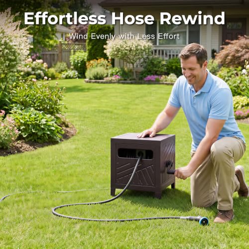 Garden Hose Reel Hideaway, Heavy Duty Metal Hose Reel Box for 125FT x 5/8" Hose, Steel Hose Storage Reel with Manual Crank Handle, Hose Guide System, Leak-Proof Aluminum Fittings, Stable 4-Leg Base