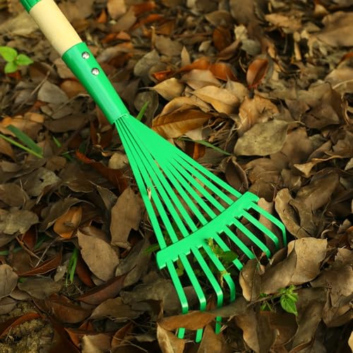 Kids Rakes with Hardwood Handle - Metal Kids Leaves Rakes, 28" Child Size Lawn Rakes with Vibrant Green Heads, Garden Tool Set for Kids Boys and Girls - color: Green