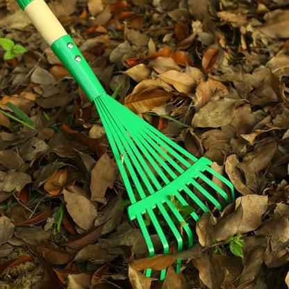 Kids Rakes with Hardwood Handle - Metal Kids Leaves Rakes, 28" Child Size Lawn Rakes with Vibrant Green Heads, Garden Tool Set for Kids Boys and Girls - color: Green