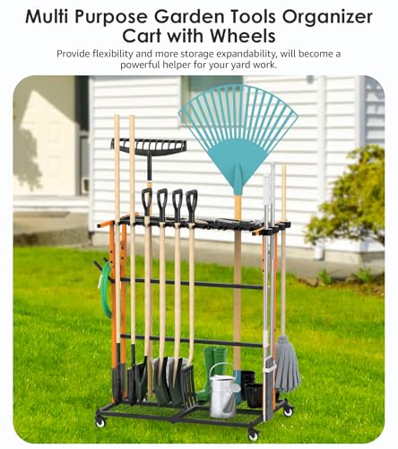 CCCEI Garage Organization with Wheels, Outdoor Gargen Yard Shed Tools Organizer Cart, Home Storage for Cleaning Supplies, Broom Holder, for Shovel and Rake, Long Farming and Farming Tools, Orange. - color: Orange