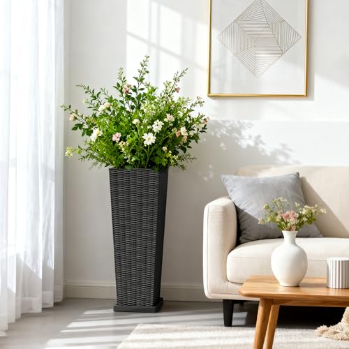 Greesum Set of 2 Tall Plastic Planters with Saucer, 32 Inch, Black - color: Black, size: 32" with Tray