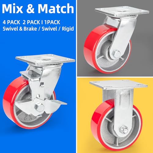 Nefish 5 Inch Industrial Casters Set of 4, Heavy Duty Casters with Brake 4000 Lbs, No Noise Polyurethane Wheel on Steel Hub, Swivel Plate Caster Wheels for Toolbox Workbench (4 Swivel & Brakes) - size: 5 IN （Brake）