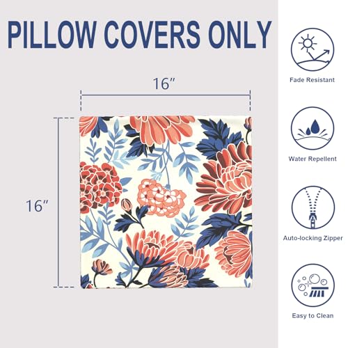 Outdoor 16x16 Inch Throw Pillow Covers Set of 2, Covers ONLY, All Weather Square Pillow Cases, Patio Cushion Pillow of Home Furniture Use, Red Chrysanthemum - color: Red Chrysanthemum, size: 16" x 16" (Pack of 2)