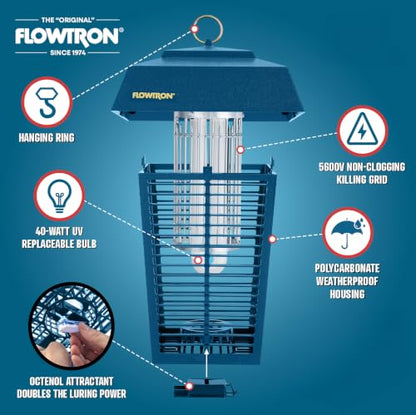 Flowtron Electric Bug Zapper, 1 Acre Outdoor, 40W UV, 5600V Zap, Blue - color: Astronaut Blue
