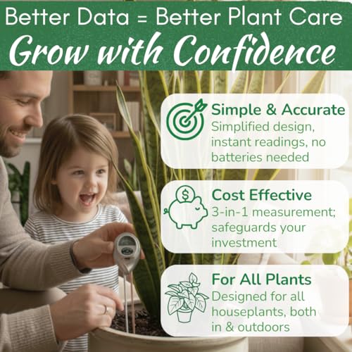 Houseplant Health Meter, 3-in-1 Soil Moisture, Sunlight & pH Testing Tool