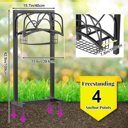 Garden Hose holder, 4-Spike Heavy Metal with Storage Basket, Arch - style: curved line with Storage Basket