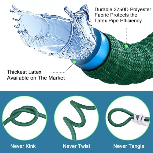 Expandable Garden Hose 100 ft with 10 Function Nozzle Sprayer, Lightweight & No-Kink Flexible Water Hose with Durable Latex Core & Solid Brass Fittings, 100ft Retractable Stretch Hose (DarkGreen)