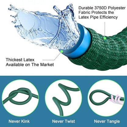 Expandable Garden Hose 100 ft with 10 Function Nozzle Sprayer, Lightweight & No-Kink Flexible Water Hose with Durable Latex Core & Solid Brass Fittings, 100ft Retractable Stretch Hose (DarkGreen)
