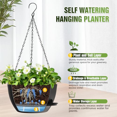12 Inch Large Self Watering Hanging Planters 2 Pack with Saucers - color: Black, size: 12 Inch 2 Pack