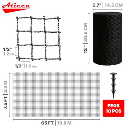 ATICCA 7.5 x 65 FT Heavy Duty Bird Netting for Garden, 10 Stakes, Black - size: 7.5x65 Bird Netting