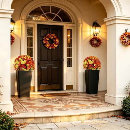 24" Artificial Fall Pansy Flowers for Outdoors, Faux Topiary Potted Plants - color: Pansy Yellow-orange-red