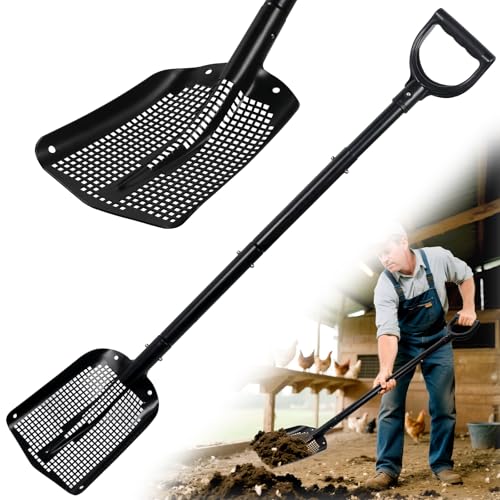 Heavy Duty Sifting Shovel with Adjustable Handle (26"-48") – Metal Sand Sifter Scoop with D-Grip for Chicken Coop, Beach, Farm Goat Stall & Garden Poop Cleaning – Durable Mesh Design