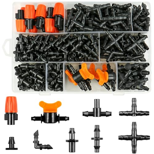 Gardrip 280 Pcs Drip Irrigation Fittings Kit for 1/4" Tubing：Gardrip 1/4 Inch Drip System Barbed Connectors (Nozzles, Nozzle Tees, Valves, Single Barbs, Couplings, Tees, Elbows, Plugs, Crosses) - color: 1/4" Fittings Kit-280P