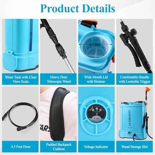 Battery Powered Backpack Sprayer 4 Gallon, 100 PSI Electric Garden Sprayer with 21V 2.6Ah Rechargeable Battery & 6 Adjustable Nozzles, for Weeding, Spraying - size: 4.2 Gallon