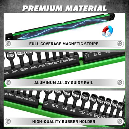 22-Piece Magnetic Nut Driver Set, Metric & SAE (5-13mm & 3/16"-1/2"), 1/4" Hex Shank Impact Bit Set, Wing Nut Driver Bits, Magnetic Aluminum Storage Rail - color: Nut Driver Set With Rail Green