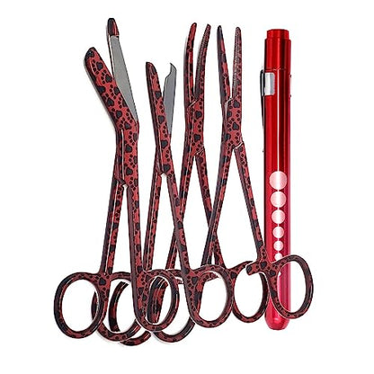 5 pc Bandage Scissors 5.5", Stitch Scissors 4.5", Hemostat 5.5" Straight & Curved, Diagnostic Penlight Made of Premium Quality Stainless Steel - For Training Emergency Supplies & First Aid Kit (Red) - color: Red